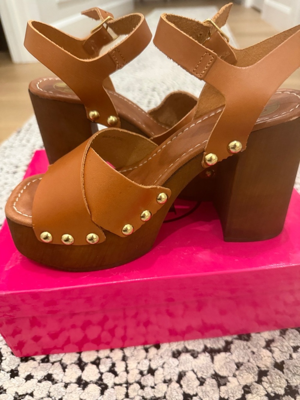 Tan Studded Platform Sandal with Wood Block Heel - Women Size US 8